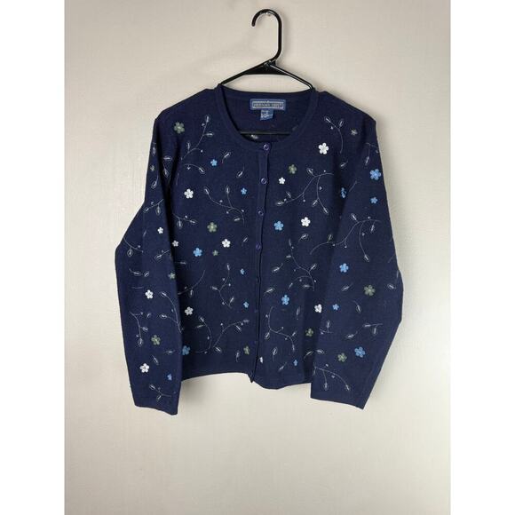 Herman Geist Vintage Floral Navy Wool Button Cardigan Women’s Size Medium - Picture 1 of 4